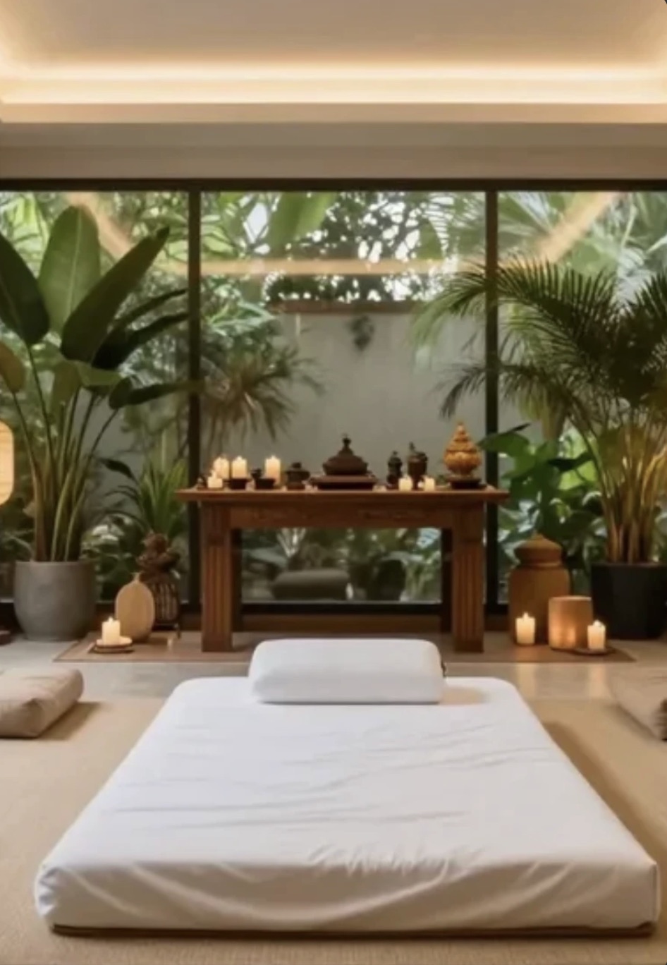 A low bed made up with cushions, facing a candlelit altar between two tall plants
